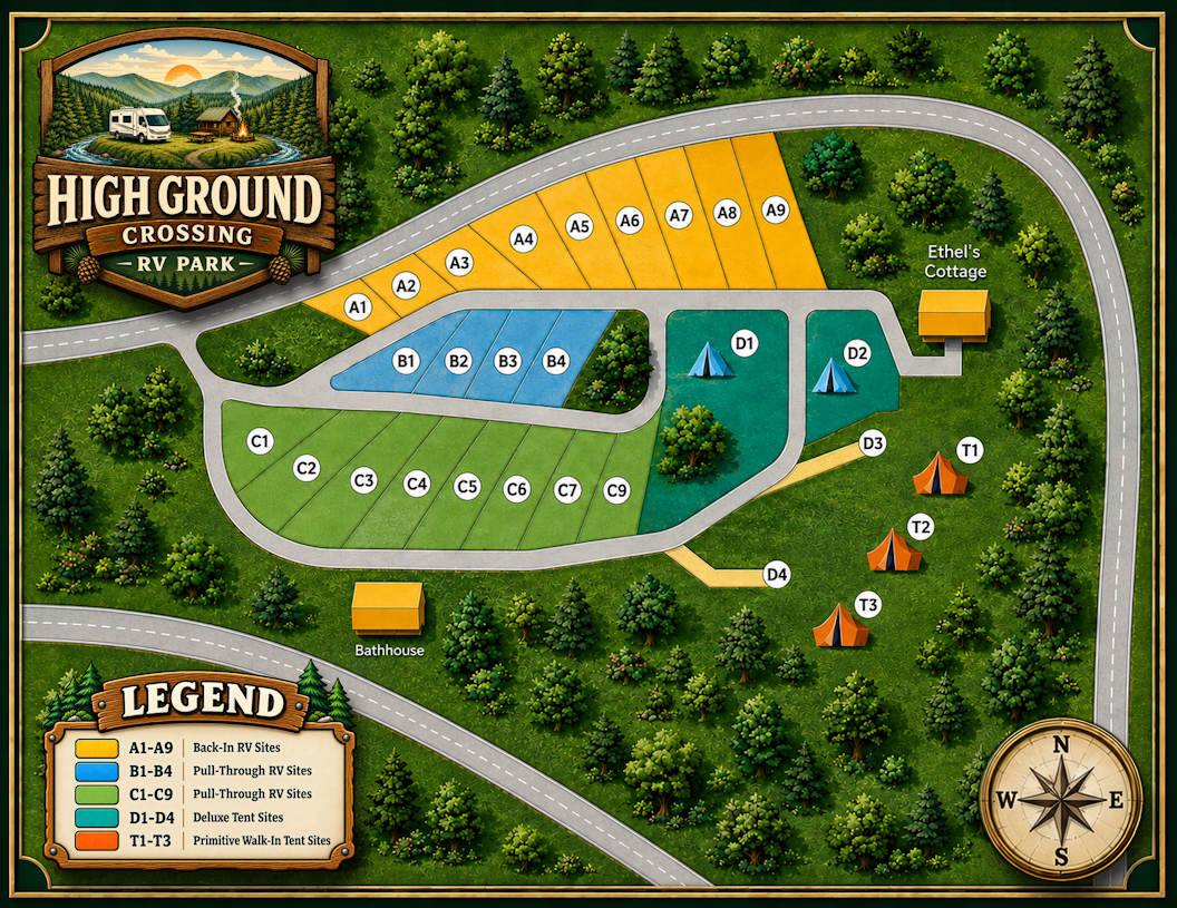 High Ground Crossing RV Park site layout map